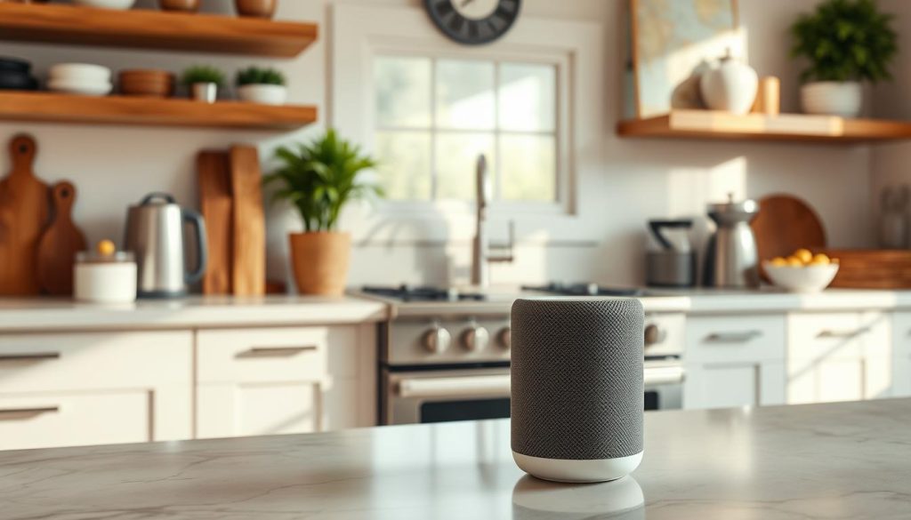 Generate an image of the Google Nest Audio smart speaker on a kitchen counter.