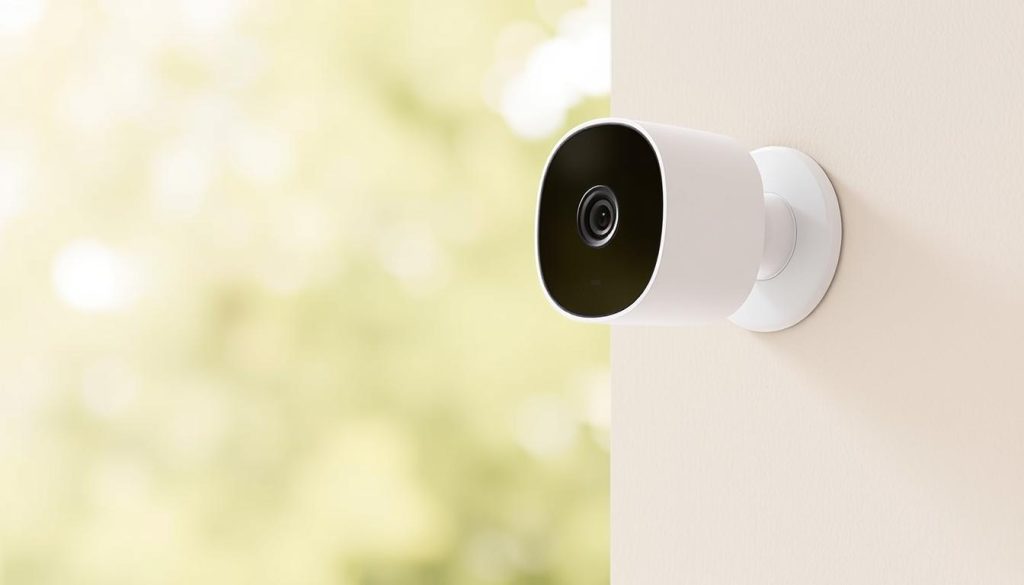 Generate an image of the Google Nest Indoor/Outdoor Cam (2nd-gen) mounted on a wall, with a subtle outdoor background.