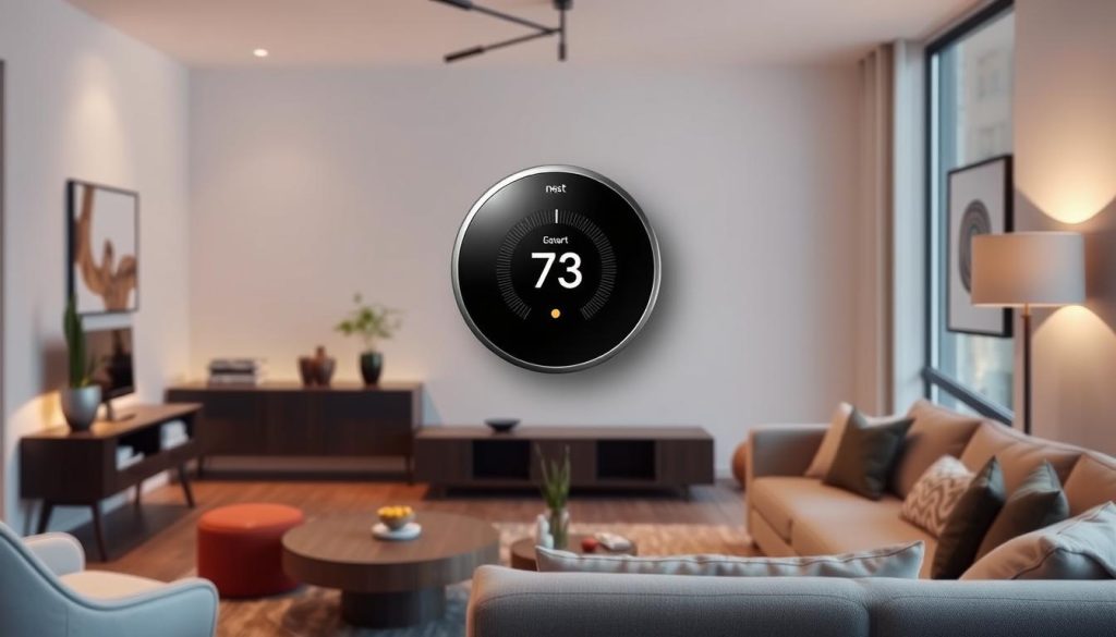 Generate an image of the Google Nest Learning Thermostat (4th Gen) installed in a modern living room. Generate an image of the Google Nest Learning Thermostat (4th Gen) installed in a modern living room.
