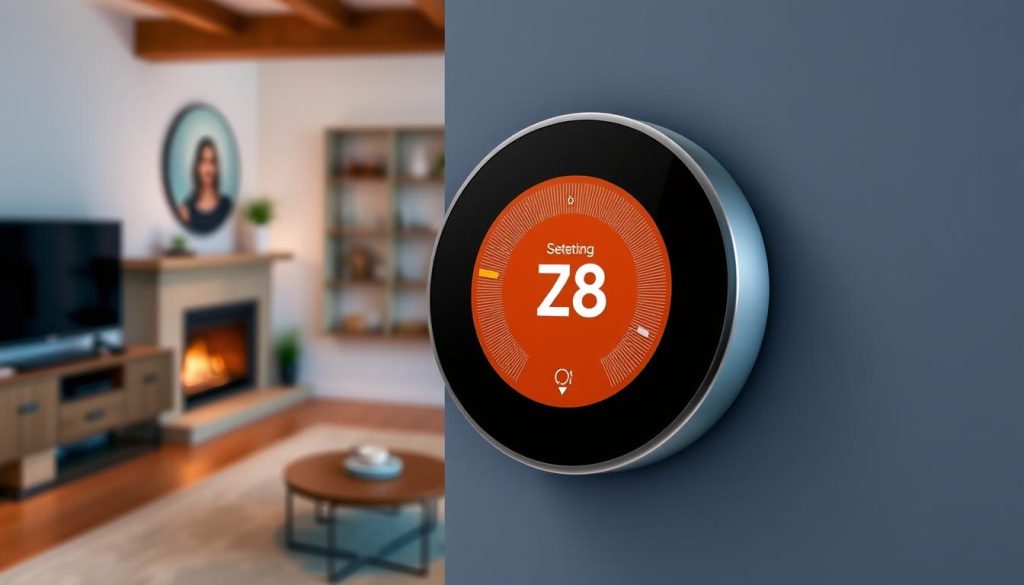 Generate an image of the Google Nest Learning Thermostat (Gen4) displaying a cozy home temperature setting.