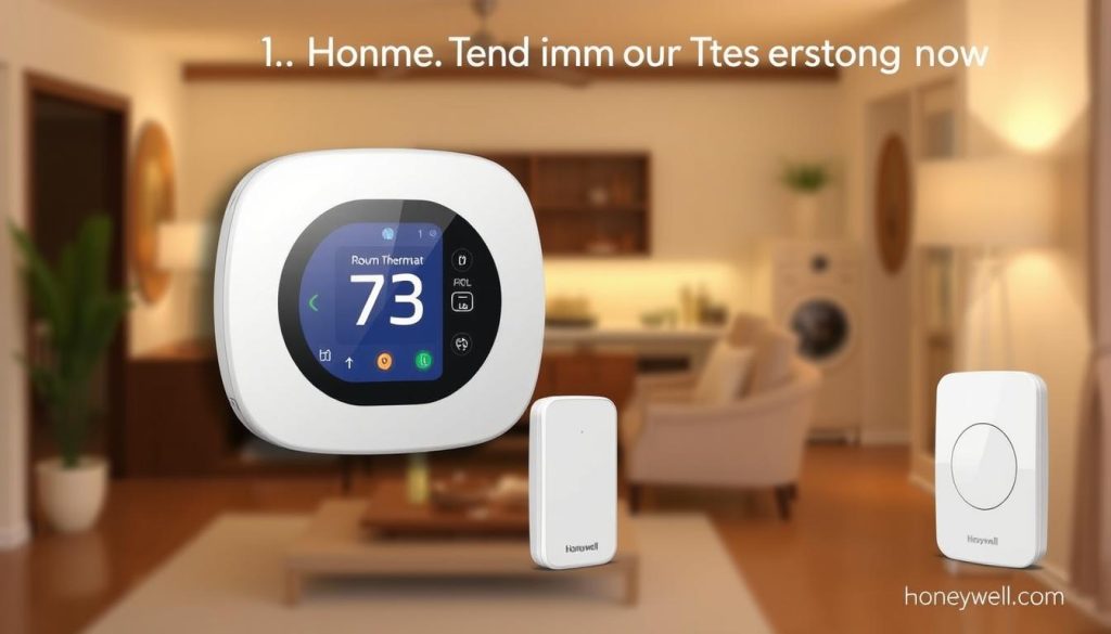 Generate an image of the Honeywell Home T9 Smart Thermostat with its accompanying remote room sensor. Generate an image of the Honeywell Home T9 Smart Thermostat with its accompanying remote room sensor.