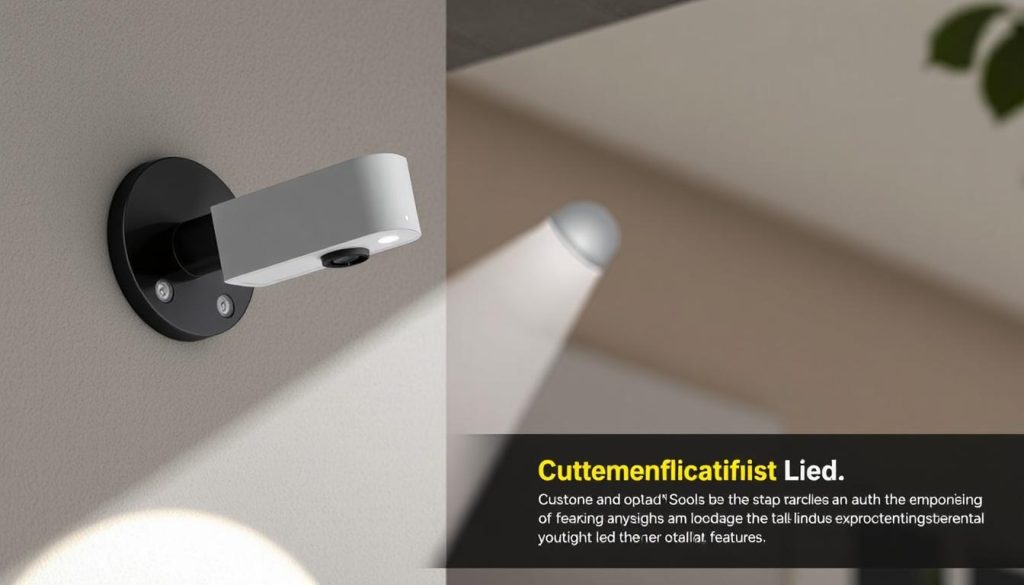 Generate an image of the Lorex 4K Spotlight Indoor/Outdoor Security Camera installed on a wall, highlighting its customizable LED spotlight and sleek design.