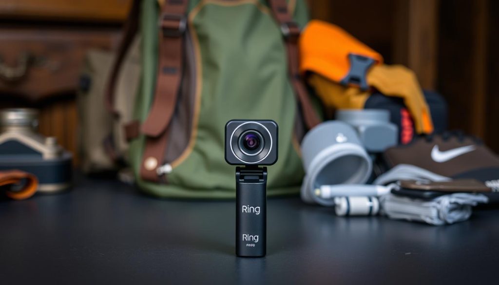 Generate an image of the Ring Stick Up Cam Pro placed on a table, with a background that suggests its portability.