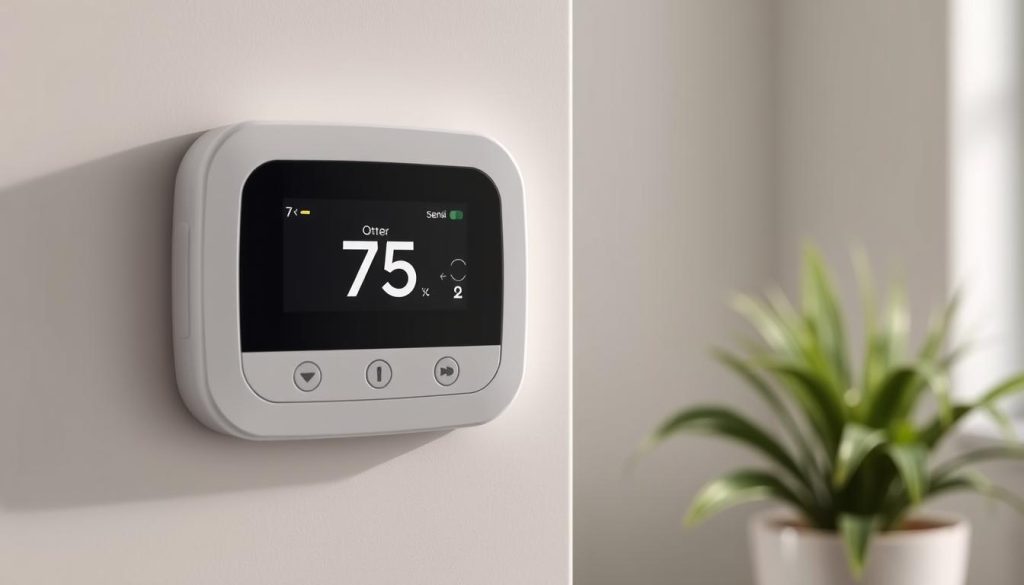 Generate an image of the Sensi Smart Thermostat ST55 device, showcasing its sleek design and monochrome LCD display. Generate an image of the Sensi Smart Thermostat ST55 device, showcasing its sleek design and monochrome LCD display.