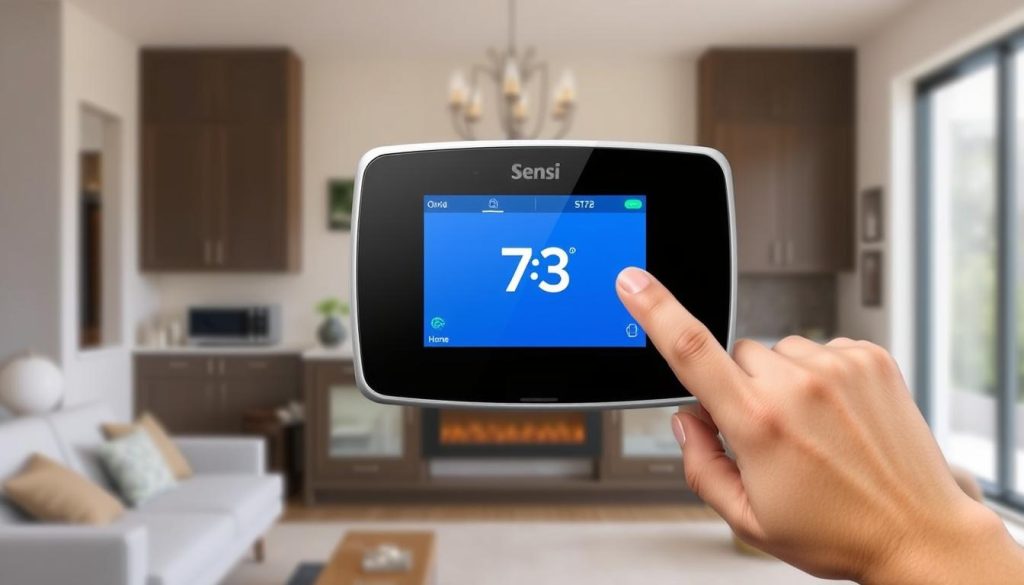 Generate an image of the Sensi Touch2 Smart Thermostat ST76 with its large color touchscreen interface. Generate an image of the Sensi Touch2 Smart Thermostat ST76 with its large color touchscreen interface.