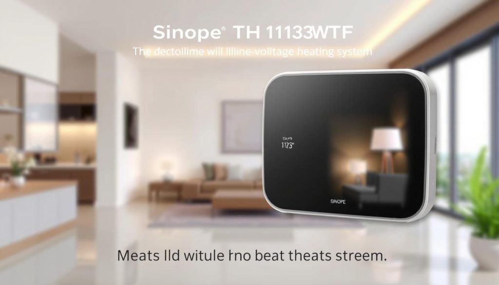 Generate an image of the Sinope TH1123WF thermostat, highlighting its compatibility with line-voltage heating systems. Generate an image of the Sinope TH1123WF thermostat, highlighting its compatibility with line-voltage heating systems.