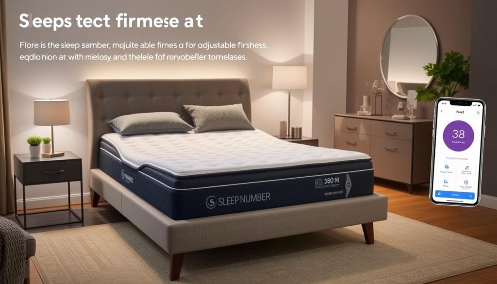 Generate an image of the Sleep Number 360 i8 Smart Bed, showcasing its adjustable firmness feature and companion app.