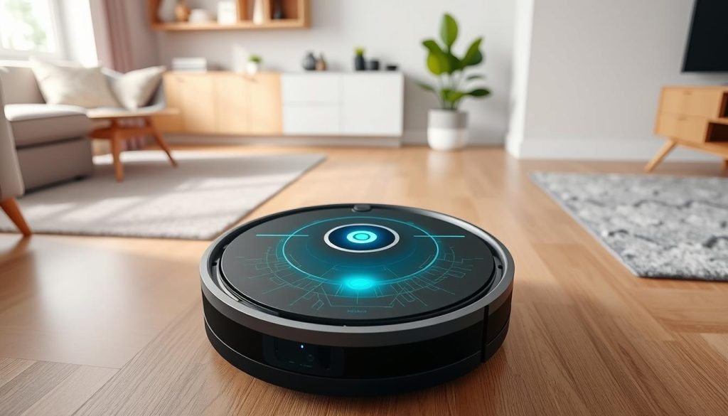 Generate an image of the iRobot Roomba j9+ robot vacuum with its advanced mapping capabilities and pet waste avoidance feature.