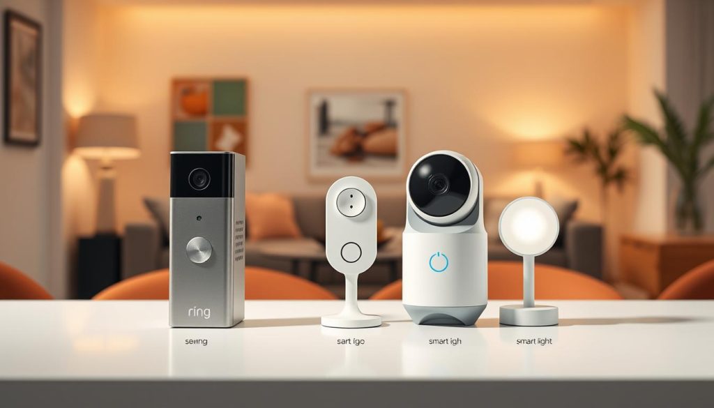Ring home subscription plans comparison: a sleek and modern display showcasing the various tiers of Ring's home security subscription offerings. In the foreground, three distinct Ring devices - a video doorbell, a security camera, and a smart light - are prominently featured, each representing a different subscription plan. The middle ground features a clean, minimalist table-like surface, allowing the devices to be easily compared. The background is a softly blurred home interior, conveying a sense of domestic comfort and security. Warm, directional lighting illuminates the scene, emphasizing the premium, high-tech aesthetic of the Ring products. The overall composition is balanced, sophisticated, and designed to highlight the key differences between the Ring subscription plans in an intuitive and visually appealing manner.