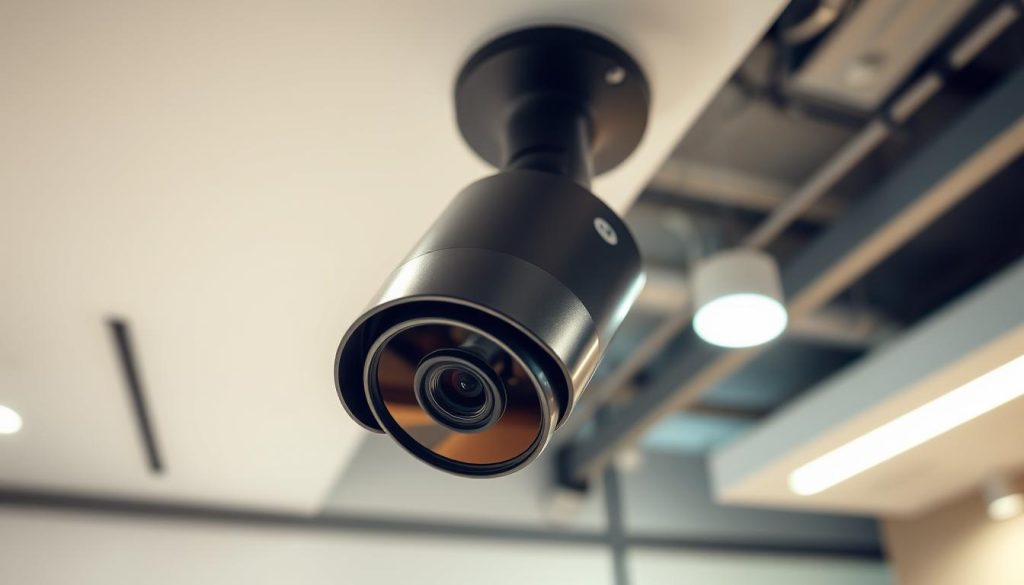 a high-angle view of a professional security camera installation in a modern commercial setting, with the camera mounted on a wall or ceiling and aimed at a strategic location. The camera is sleek and discreet, with a compact design and a glossy black or silver finish. The surrounding area is well-lit, with a combination of natural and artificial lighting, creating a bright and well-illuminated scene. The background includes clean, minimalist walls or architectural elements, conveying a sense of order and security. The overall mood is one of efficiency, reliability, and attention to detail, reflecting the technical expertise and care required for a proper security camera installation.