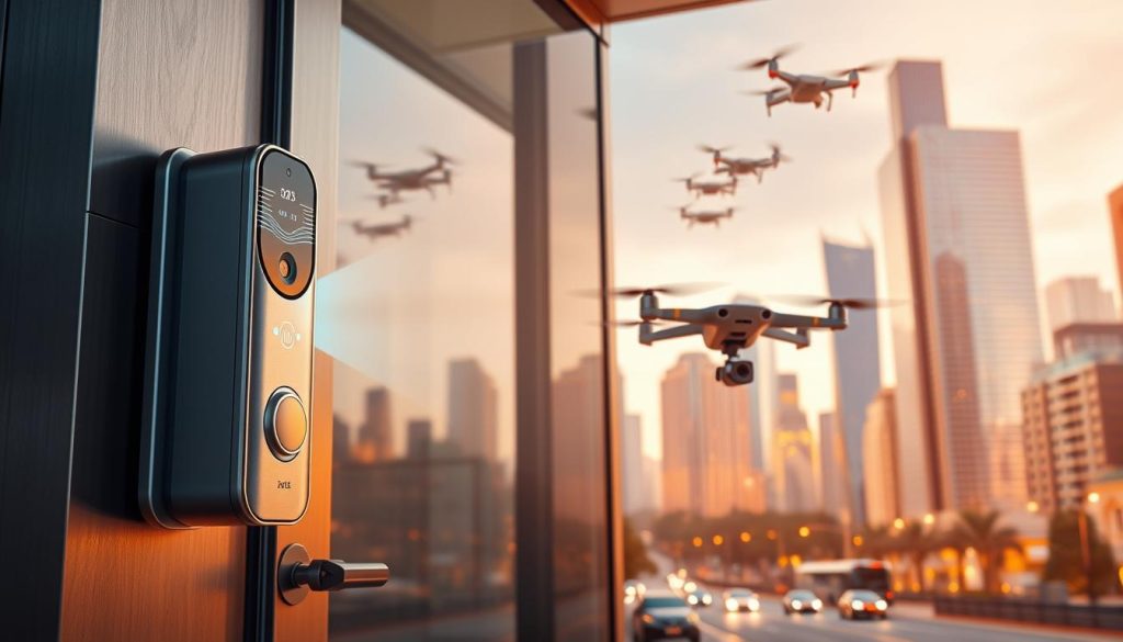 A cityscape in the year 2025, featuring futuristic doorbell technology. In the foreground, a sleek, minimalist smart doorbell with a high-resolution camera, motion sensors, and a holographic display. The doorbell is framed by a modern, metallic front door with a biometric lock system. In the middle ground, a drone hovers near the doorway, scanning for packages and visitors. The background depicts a gleaming, high-rise skyline with self-driving cars and drones in the air. The scene is bathed in a warm, amber glow from advanced LED lighting, creating a sense of advanced, yet welcoming, technology.