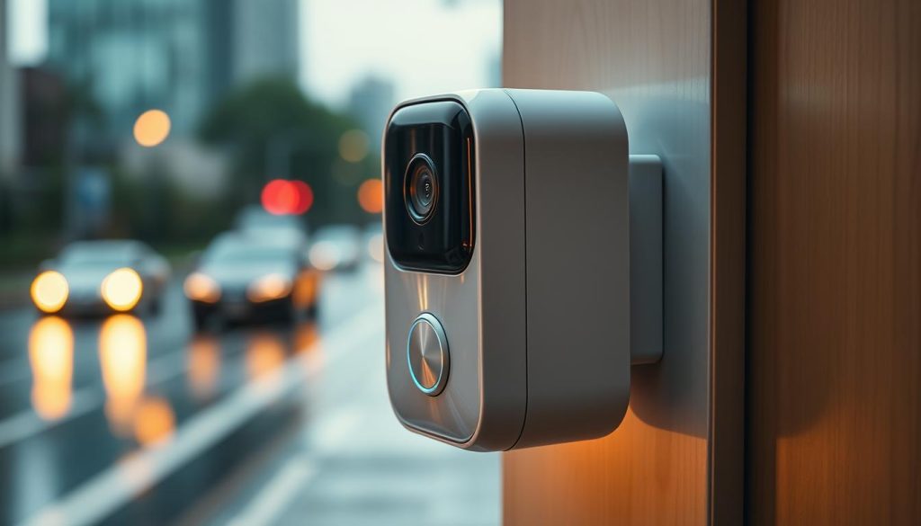 A close-up view of a modern 5G doorbell, showcasing its weather-resistant features. The device is mounted on a sleek, minimalist white frame, with a prominent camera lens and a glossy, durable surface that reflects the surrounding environment. The doorbell is bathed in warm, diffused lighting, highlighting its sleek, minimalist design. In the background, a blurred, rainy city landscape provides a sense of atmospheric context, emphasizing the doorbell's ability to withstand inclement weather conditions. The overall composition conveys a sense of technological sophistication and weatherproofing, aligning with the article's focus on high-performance 5G doorbell cameras.