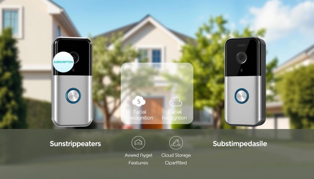 A crisp, well-lit comparison of two smart doorbells against a modern home facade. The foreground features two doorbells side-by-side - one with a subscription badge, the other without. The middle ground showcases a detailed breakdown of their features, highlighting the subscription model's advanced facial recognition and cloud storage capabilities. The background depicts a tranquil residential street, with lush greenery and a clear blue sky, creating a sense of domestic harmony. Soft, directional lighting enhances the product details, while a clean, minimalist design aesthetic maintains visual focus on the comparison.