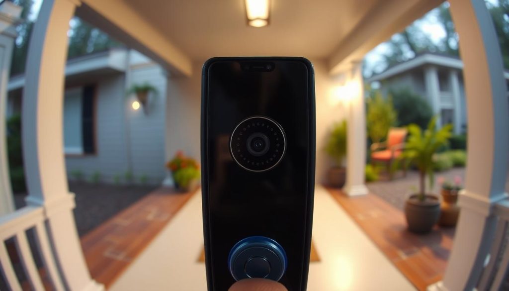 A high-quality video feed from a smart doorbell, capturing a clear, well-lit view of the front porch. The camera angle is positioned at eye level, providing a natural perspective. The image is sharp and in focus, with a wide depth of field that keeps both the foreground and background in crisp detail. The lighting is balanced, with a soft, even illumination that minimizes shadows and highlights key features. The color palette is vibrant yet natural, showcasing the true hues of the surroundings. The overall scene conveys a sense of security and functionality, highlighting the advanced capabilities of a modern smart doorbell system.