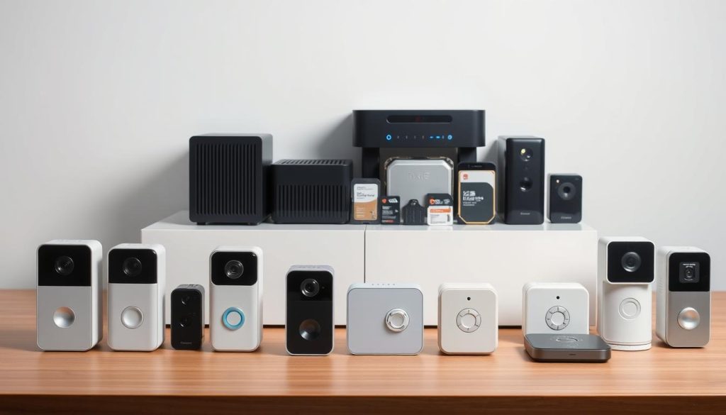 A high-quality, well-lit studio photograph of several storage devices arranged on a clean, modern desk. In the foreground, a range of compact, subscription-free doorbell camera units with minimal designs in neutral tones are displayed. In the middle ground, various external hard drives, NAS devices, and memory cards are neatly organized, showcasing alternative local storage options for doorbell footage. The background features a plain, white wall, creating a minimalist, professional ambiance. The lighting is soft and diffused, highlighting the textures and details of the products. The overall composition emphasizes the versatility and convenience of local storage solutions for home security cameras.