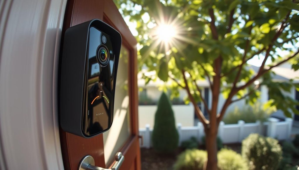 A high-resolution, photorealistic image of a smart doorbell with an advanced package detection system. The doorbell is mounted on a residential front door, capturing a wide view of the porch and the surrounding landscaping. The camera lens has a sharp, crisp focus, allowing for clear identification of packages and visitors. The doorbell's sleek, modern design features a touchscreen display and status indicators. Sunlight filters through the leaves of a nearby tree, casting a warm, natural light across the scene. The atmosphere conveys a sense of security and convenience for the homeowner.