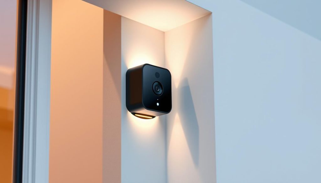 A modern 5G video doorbell in a sleek, minimalist design. Mounted on a stylish white exterior wall, the device features a high-resolution camera with advanced night vision capabilities. The camera is housed in a matte black casing, complemented by a slim, illuminated button for easy access. The doorbell's sharp, angular silhouette creates an impression of cutting-edge technology seamlessly integrated into the home's architecture. Subtle ambient lighting around the device adds a touch of sophistication, while the clean lines and neutral tones ensure it blends harmoniously with the surrounding environment. The overall scene conveys a sense of enhanced home security enabled by the latest 5G connectivity and intelligent surveillance features.