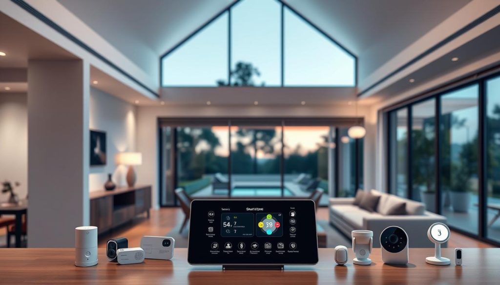 A modern, minimalist smart home interior with sleek, integrated technology. The foreground features a central control panel displaying connected home devices - smart lighting, security system, thermostat, appliances. The middle ground shows various smart home sensors and cameras subtly blending into the decor. The background reveals floor-to-ceiling windows overlooking a serene outdoor scene, with the home's automation controlling the lighting and blinds. The scene conveys a sense of seamless, intuitive connectivity and sophisticated, future-forward living.