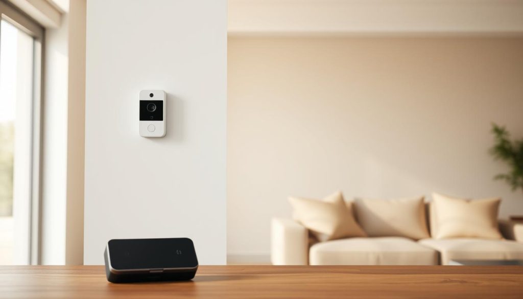 A modern, sleek interior with a wired smart doorbell installed on the wall, showcasing its various installation options. The doorbell features a camera, speaker, and sensor modules. In the foreground, a battery-powered smart doorbell sits on a table, highlighting the alternative wireless installation option. Warm, natural lighting illuminates the scene, accentuating the clean, minimalist design of the devices. The background depicts a neutral-toned living room, creating a harmonious and inviting atmosphere to showcase the installation versatility of these smart home technologies.