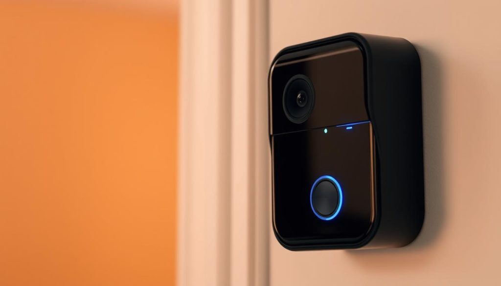 A modern smart doorbell with a prominent motion sensor, capturing a clear view of a home's entrance. The device features a sleek, minimalist design with a glossy black casing and a high-resolution camera lens. Subtle LED indicators glow to signal motion detection, while a discrete microphone and speaker allow for two-way communication. The doorbell is mounted at eye level on a neutral-toned wall, illuminated by warm, balanced lighting that casts a welcoming ambiance. The background blurs softly, drawing focus to the intelligent surveillance system that discreetly monitors and secures the home's access point.