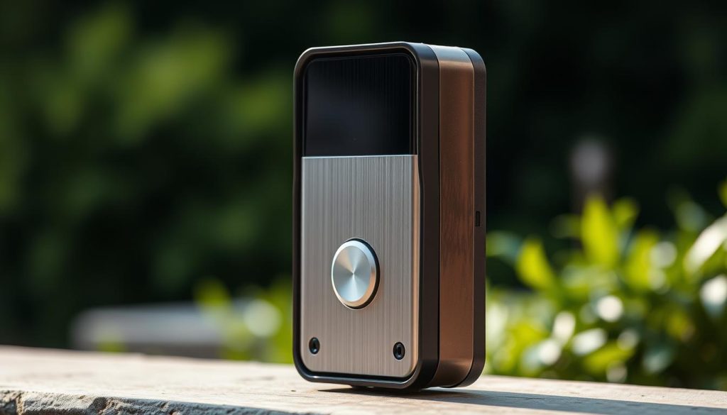 A rugged, weather-resistant doorbell standing resolute against the elements. The brushed metal casing gleams in the soft, diffused light, its sturdy construction conveying a sense of durability. Water-resistant seals and a reinforced frame protect the internal components from the relentless onslaught of rain, snow, and wind. The doorbell's profile is clean and modern, with a large, easy-to-press button that lights up subtly when activated. In the background, a lush, verdant landscape suggests a tranquil, peaceful setting, underscoring the doorbell's ability to withstand the harshest outdoor conditions. Crisp shadows and highlights accentuate the tactile quality of the materials, inspiring confidence in the doorbell's resilience.