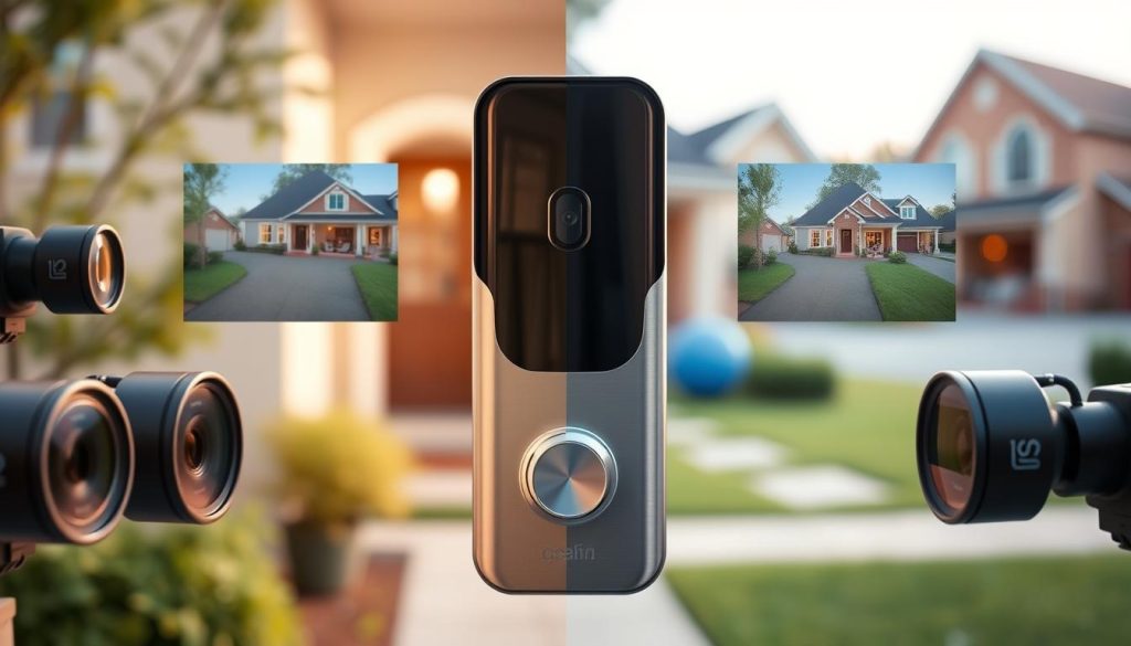 A side-by-side comparison of high-definition smart doorbell video feeds, showcasing the crisp, clear footage captured by a range of leading models. In the foreground, multiple camera lenses are prominently displayed, each with a distinct aperture and focal length, subtly hinting at the technical specifications behind the video quality. The middle ground features a realistic, life-size representation of a modern, sleek smart doorbell unit, with a brushed metal finish and discreet design. In the background, a softly blurred suburban neighborhood scene sets the stage, creating a sense of the real-world environment in which these devices operate, with warm lighting and a touch of natural greenery to establish a welcoming atmosphere.