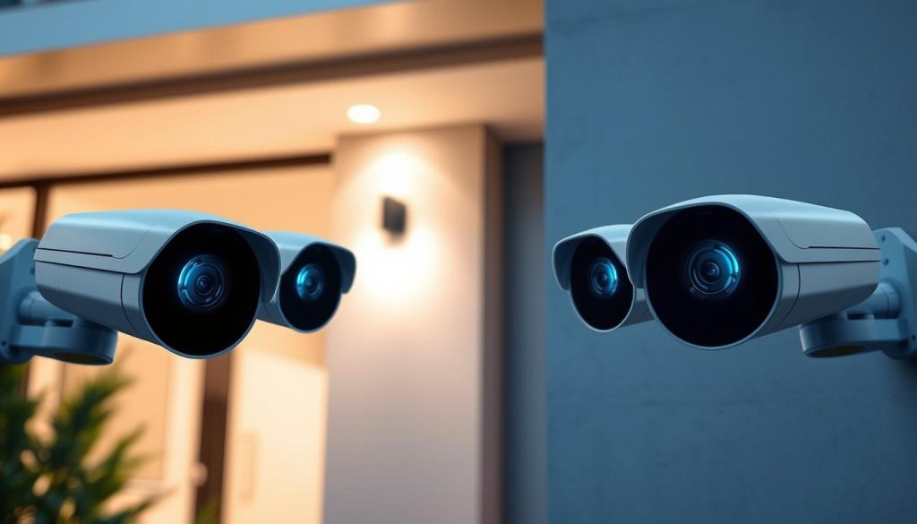 A sleek and futuristic home security camera system, featuring a discreet and minimalist design. The cameras are placed strategically around the exterior of a contemporary home, capturing high-resolution footage with advanced night vision capabilities. The system is equipped with facial recognition, motion detection, and real-time alerts to provide comprehensive protection. The cameras are mounted on sturdy, adjustable brackets, allowing for optimal positioning and coverage. A subtle blue glow emanates from the lenses, creating an atmosphere of modern technological prowess. The overall scene conveys a sense of security, privacy, and the integration of cutting-edge home automation technology.