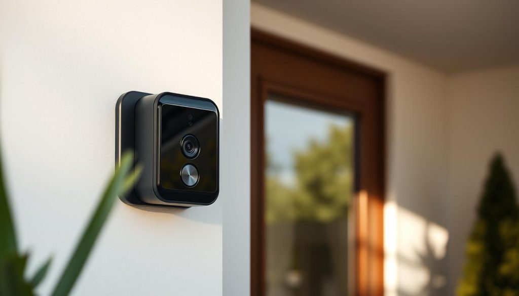 A sleek, contemporary 5G doorbell camera mounted on a modern minimalist home facade, its unobtrusive design seamlessly blending with the architecture. The camera lens is positioned at eye level, capturing a wide, distortion-free view of the entryway. Soft, diffused natural lighting from the sun casts gentle shadows, highlighting the camera's premium matte black finish. The doorbell is free of any visible subscription or service branding, conveying a sense of privacy and independence. The overall scene exudes a sense of convenience, security, and technological sophistication without the burden of ongoing fees.