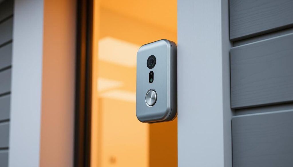A sleek, contemporary smart doorbell mounted on a modern, minimalist home facade. The device features a high-resolution camera, discreet microphone, and motion sensors, all enclosed in a brushed aluminum housing. Warm, soft lighting illuminates the camera and doorbell button, creating an inviting atmosphere. The doorbell is seamlessly integrated into the home's architectural design, complementing the clean lines and neutral color palette. The image conveys a sense of security, convenience, and technological sophistication befitting a smart home of the future.
