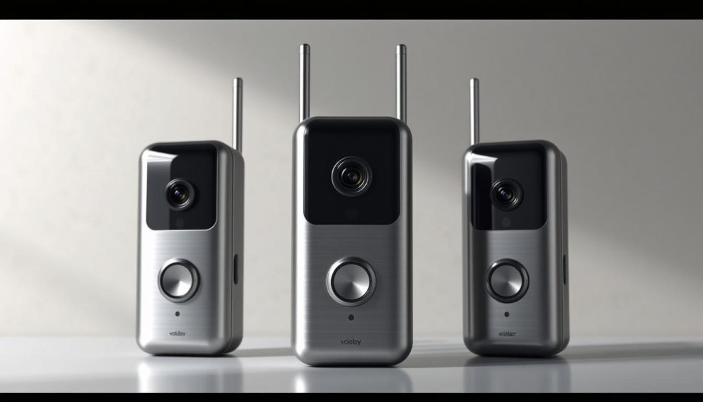 A sleek, modern 5G doorbell camera array against a clean, minimalist backdrop. The foreground features three top-rated models in a row, their brushed metal and glass casings gleaming under soft, directional lighting. The middle ground showcases the advanced sensor and antenna arrays, while the background fades to a subtly textured, neutral-toned wall, allowing the devices to take center stage. The overall mood is one of high-tech sophistication and attention to detail, reflecting the premium quality of these subscription-free 5G doorbell cameras.