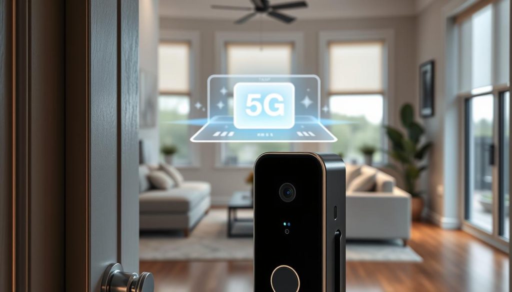 A sleek, modern 5G doorbell camera seamlessly integrated into a stylish smart home setting. In the foreground, the doorbell features a high-resolution camera, motion sensors, and a crisp display. Ambient lighting highlights its polished metallic frame. In the middle ground, a holographic control panel floats, allowing effortless management of connected home devices. The background depicts a minimalist interior with voice assistants, smart lighting, and automated window shades, all working in harmony to create an elevated living experience. The scene conveys a sense of technological sophistication and convenience, perfectly suited to showcase the smart home integration capabilities of a 5G doorbell camera.