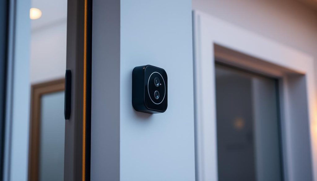 A sleek, modern smart doorbell with a discreet camera and built-in facial recognition system. The device is mounted on a clean, minimalist facade, with a smooth, matte black finish that blends seamlessly into the surrounding architecture. The camera lens is embedded in the center, subtly tucked away, capturing high-definition footage with a wide-angle view. Soft, diffused lighting illuminates the area, creating a warm, welcoming ambiance. The doorbell's interface is simple and intuitive, with a small LED display indicating when a visitor is recognized. This cutting-edge smart home technology seamlessly integrates security and convenience, offering a glimpse into the future of home automation.