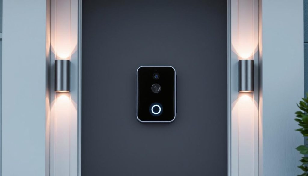 A sleek, modern smart doorbell with a discreet, flush-mounted design. The device features a high-resolution camera with advanced facial recognition software, able to instantly identify and greet known visitors. A subtle LED indicator light illuminates when the camera is active. The doorbell is flanked by motion-sensing lights that automatically activate at night, casting a warm glow and deterring intruders. The brushed aluminum casing seamlessly blends into the architectural style of the home, complementing the smooth lines and neutral tones of the surrounding facade. A crisp, unobtrusive chime announces the arrival of guests, while the accompanying mobile app provides remote access and customizable alert settings for a heightened sense of security and convenience.