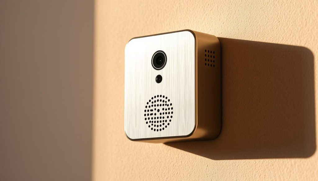 A well-lit, high-resolution close-up view of a modern two-way audio doorbell system. The device features a sleek, rectangular design with a prominent camera lens and speaker grille. The brushed metal casing has a premium, minimalist aesthetic. The doorbell is installed on a neutral-colored wall, casting subtle shadows that convey depth and dimensionality. The lighting is balanced, with warm tones highlighting the metallic accents. The camera is angled slightly downward to capture a natural, eye-level perspective. The overall mood is one of quality, functionality, and technological sophistication.