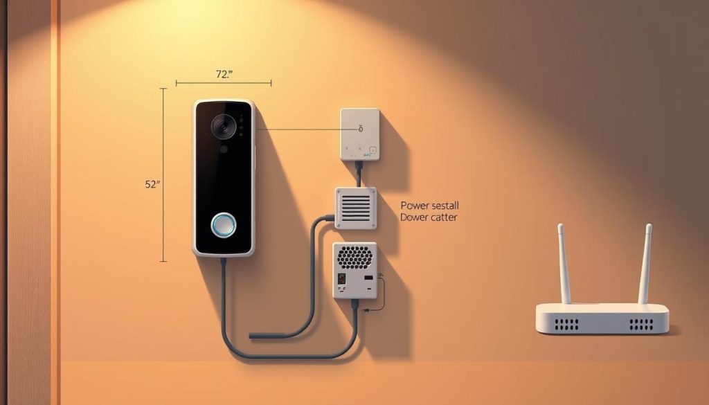 Detailed 5G doorbell installation diagram showcasing the required components and wiring setup. Crisp high-resolution technical illustration depicting the doorbell unit, power supply, network router, and cabling in a clean, minimalist style. Precise measurements, angles, and labels highlight the installation process step-by-step. Warm lighting illuminates the scene, casting subtle shadows to convey depth and dimension. The diagram exudes a sense of professionalism and functionality to educate the viewer on the 5G doorbell setup.