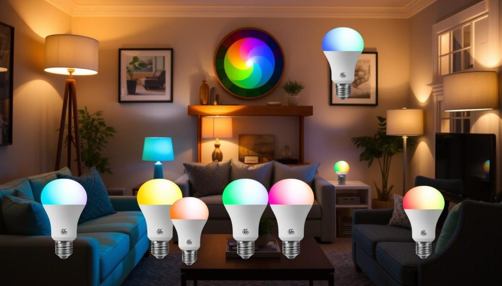 GE Cync Dynamic Effects smart bulbs showing multi-color segments in a living room - top 10 best smart lighting systems in 2025