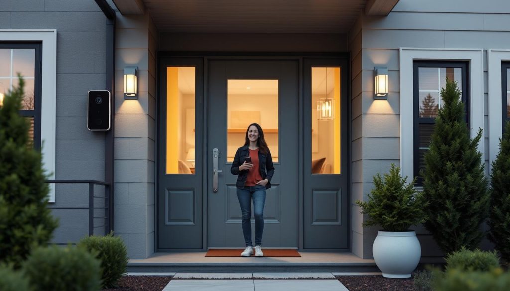 Generate an image of the Arlo Video Doorbell mounted at a home entrance with a visitor standing in front.