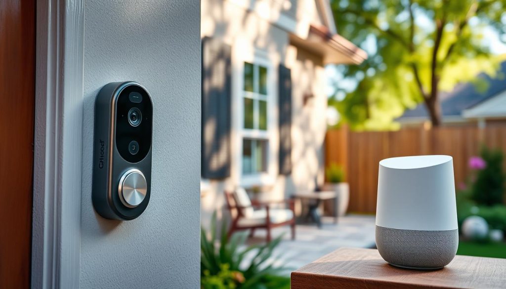 Generate an image of the Google Nest Doorbell installed at a home with a Google Home device nearby.