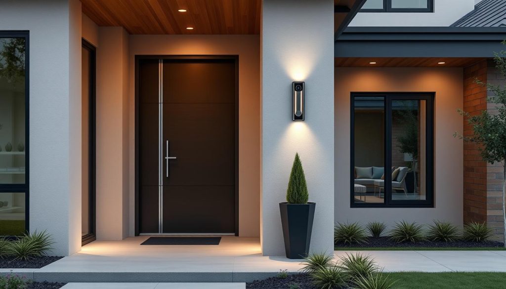 Generate an image of the Philips 7000 Series Video Doorbell installed at a modern home entrance.