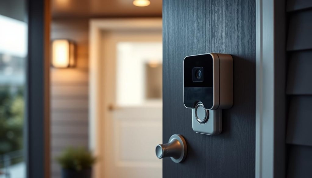 Generate an image of the SimpliSafe Video Doorbell Pro installed at a home with a SimpliSafe security system.